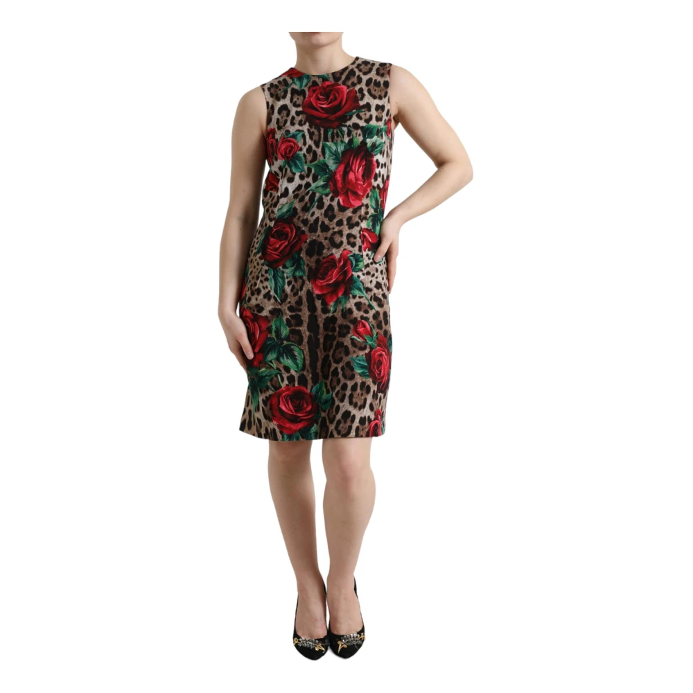 Dolce & Gabbana Women's Brown Short Dresses,, Leopard And Rose Wool A-Line Dress 3XS