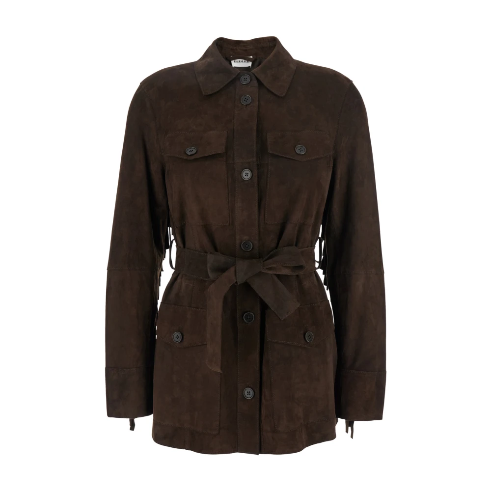 P.a.r.o.s.h. Donkerbruine Suède Jas met Franjes Brown Dames
