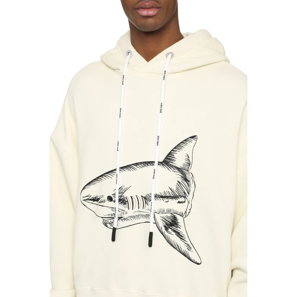 Palm Angels Haai Geborduurde Katoenen Hoodie Beige Heren
