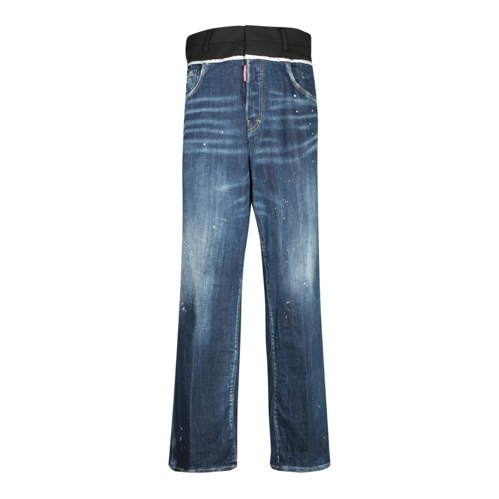 Dsquared2 Men's Blue Straight Fit Jeans, L, Distressed Paint Splatter Loose Fit Jeans