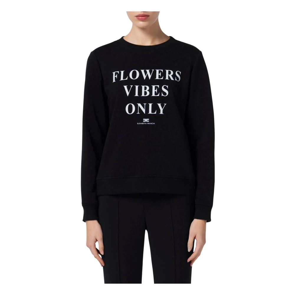 Elisabetta Franchi Zwart Sweatshirt met Print en Satijnen Banden Black Dames