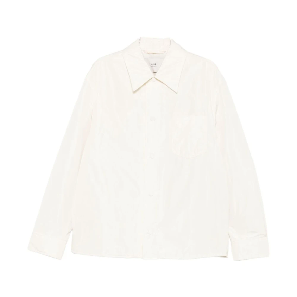 Ami Paris Men's White Button-Up Overshirt With Chest Pocket
