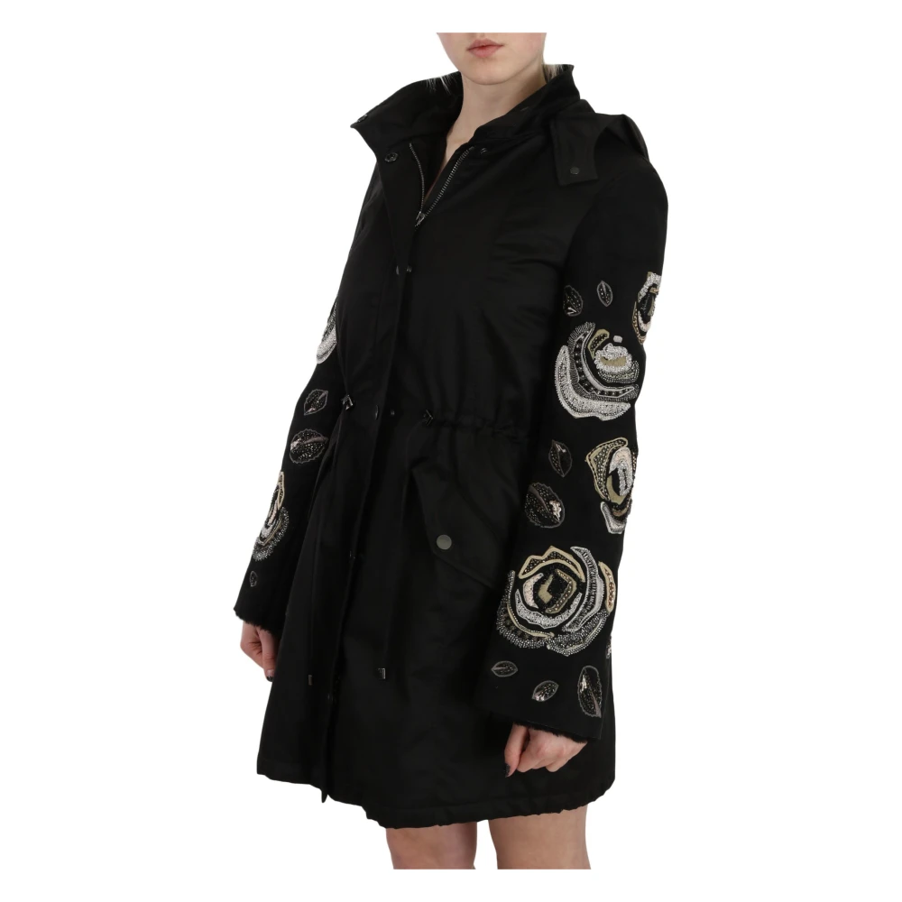John Richmond Elegante Zwarte Parka met Glamoureuze Details Black Dames