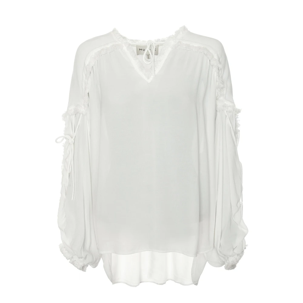 Munthe Women's White Blouses, L, Ruffle Detail V-Neck Blouse