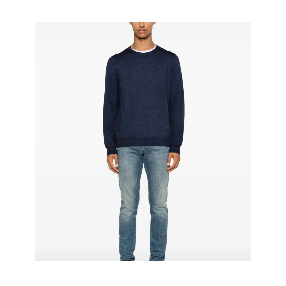 Fedeli Blauwe Merinowol Ronde Hals Trui Blue Heren
