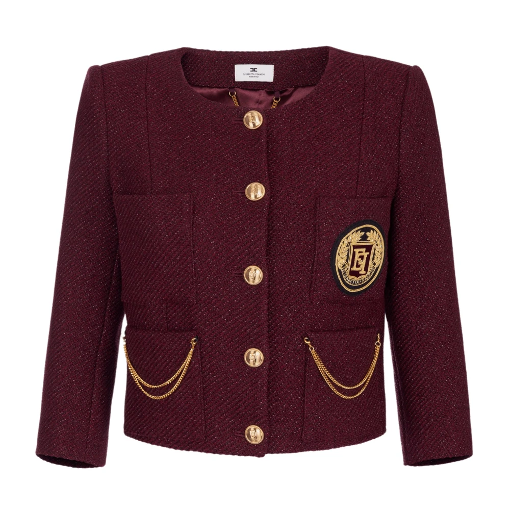 Elisabetta Franchi Bordeaux Tweed Cropped Jacket Geborduurd Logo Red Dames