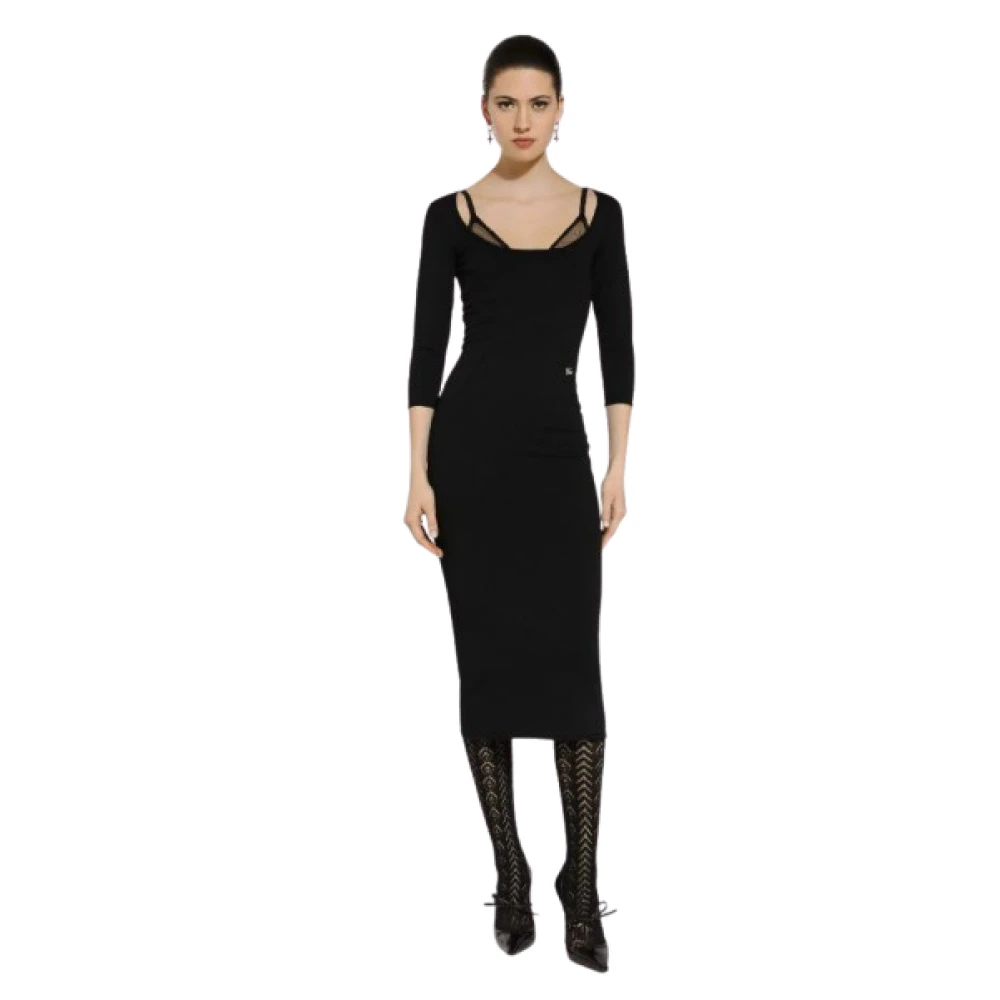 Dolce & Gabbana Logo-plaque Midi Jurk met Stretch Design Black Dames