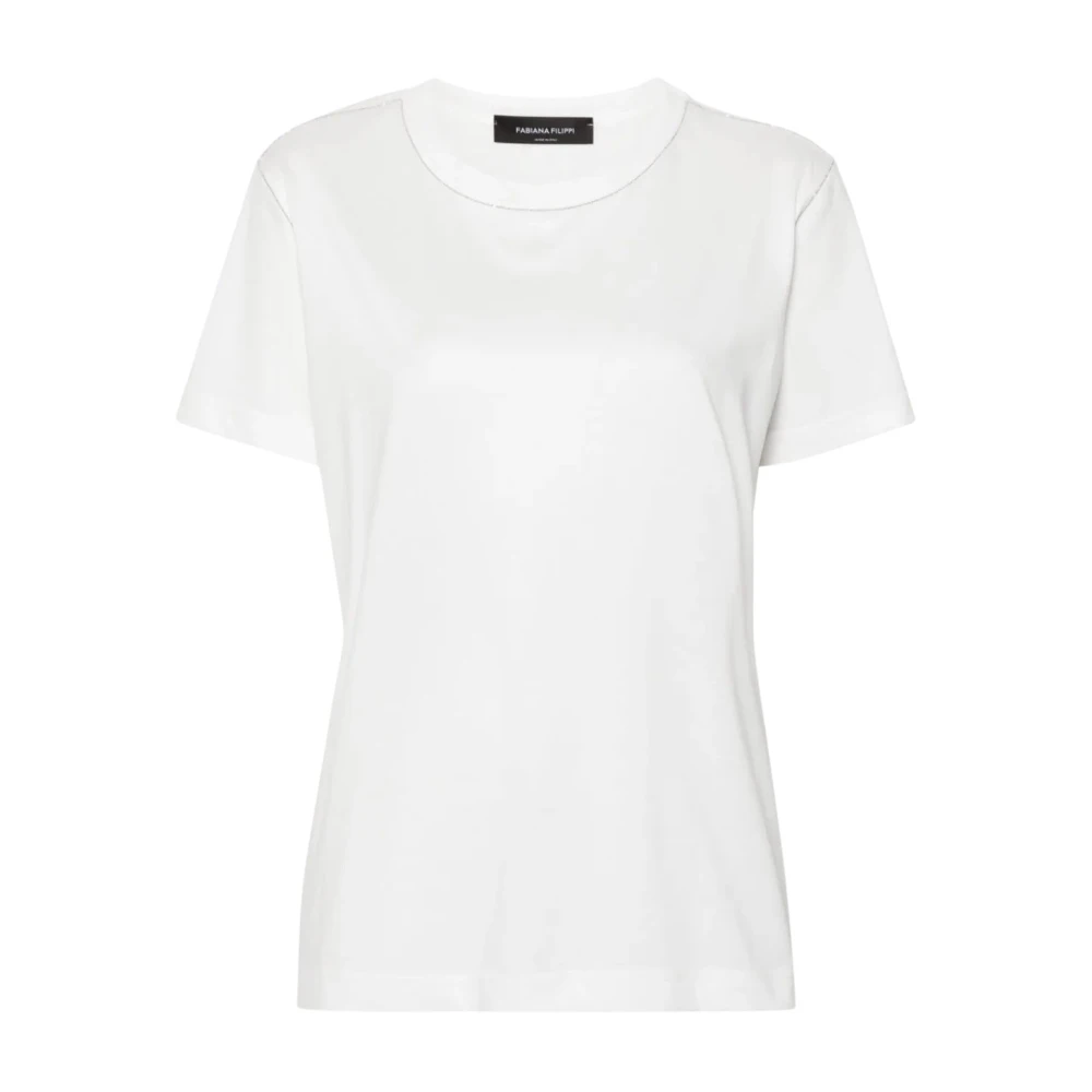 Fabiana Filippi Witte Katoenen Jersey T-shirt met Kralen Detail White Dames