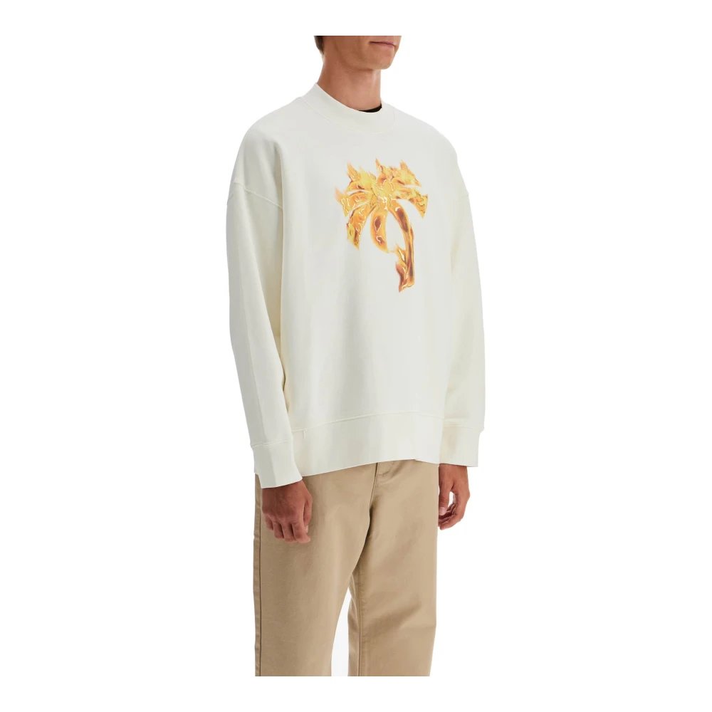 Palm Angels Brandende Palm Oversized Crewneck Sweatshirt White Heren