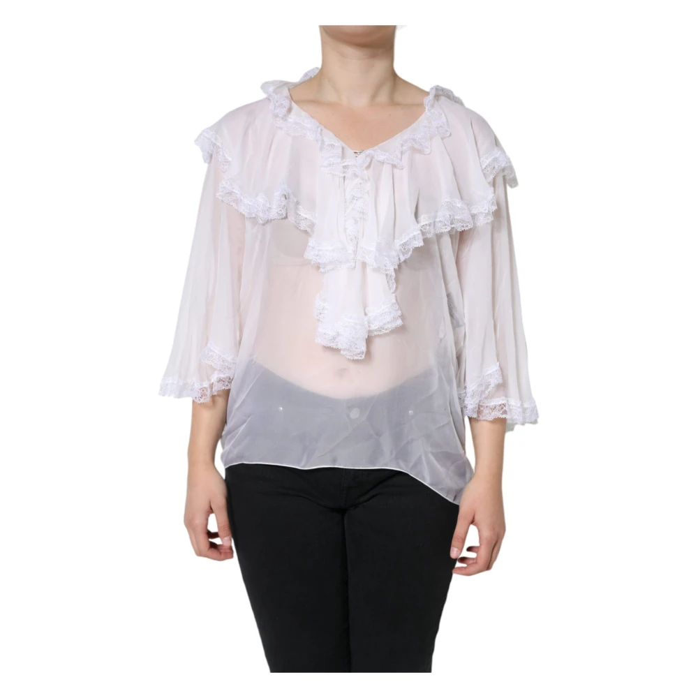 Dolce & Gabbana Women's White Long Sleeve Blouse With Ruffles And Lace - Blouses - M - Blouses & Shirts