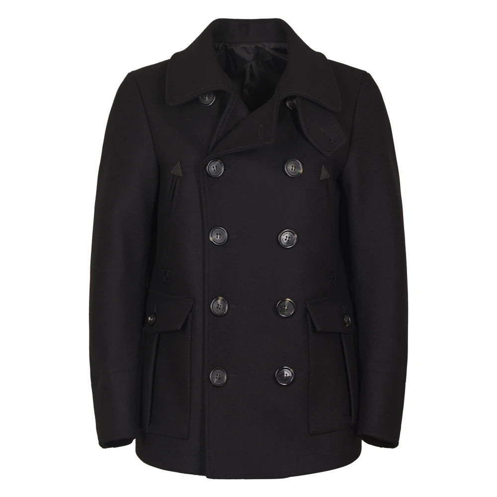 Dsquared2 Men's Black Double-Breasted Coats, L, Wool Peacoat