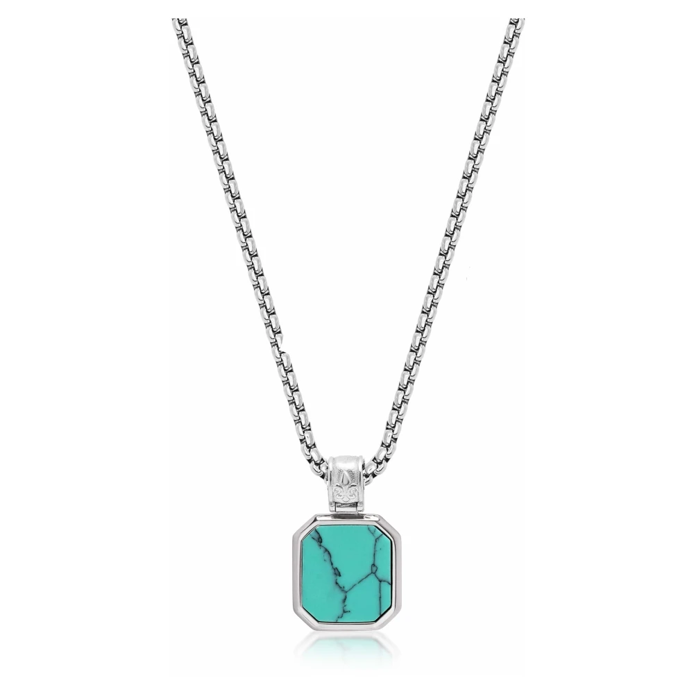 Nialaya Men's Gray Necklaces, 2XL, Silver Necklace With Square Turquoise Pendant