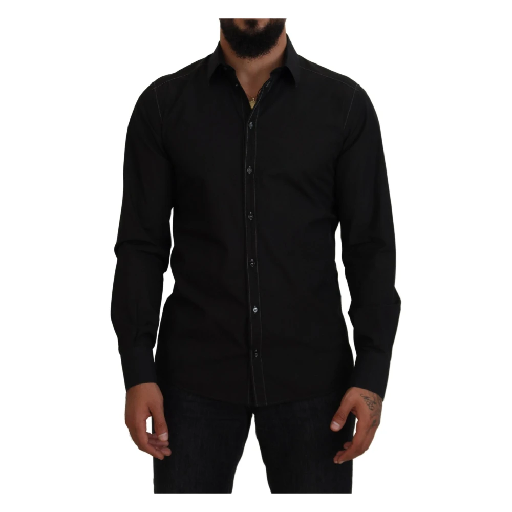 Dolce & Gabbana Zwarte Katoenen Kraag Lange Mouw Shirt Black Heren