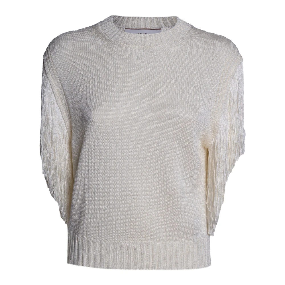 Akep Beige Round-Neck Knitwear, Female, S, Girocollo Smanicato Con Frange