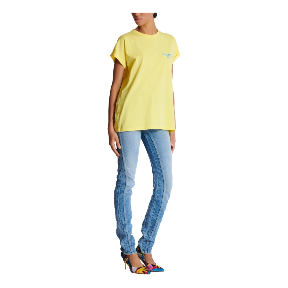 Balmain T-shirt met gevlokt Paris-logo Yellow Dames