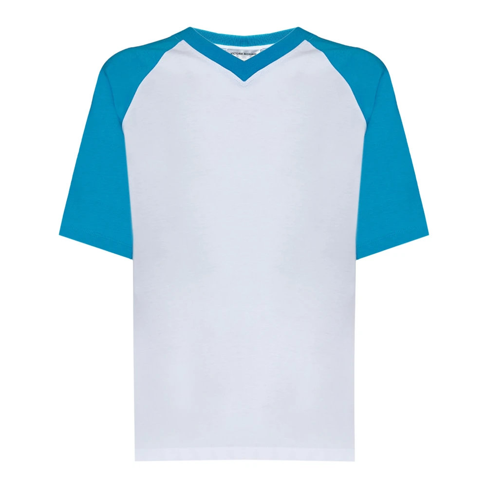 Victoria Beckham Witte Geribbelde V-hals T-shirt met Blauwe Mouwen White Dames