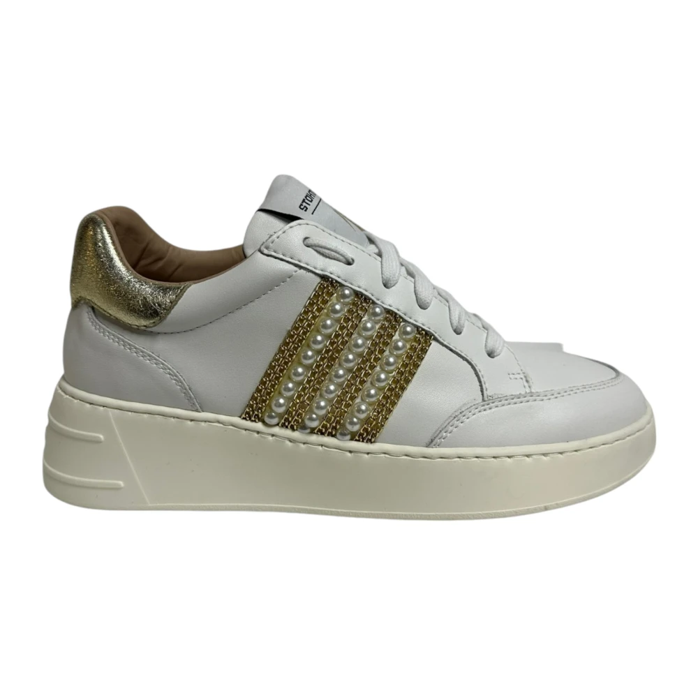 Stokton Witte leren sneakers met gouden detail White Dames