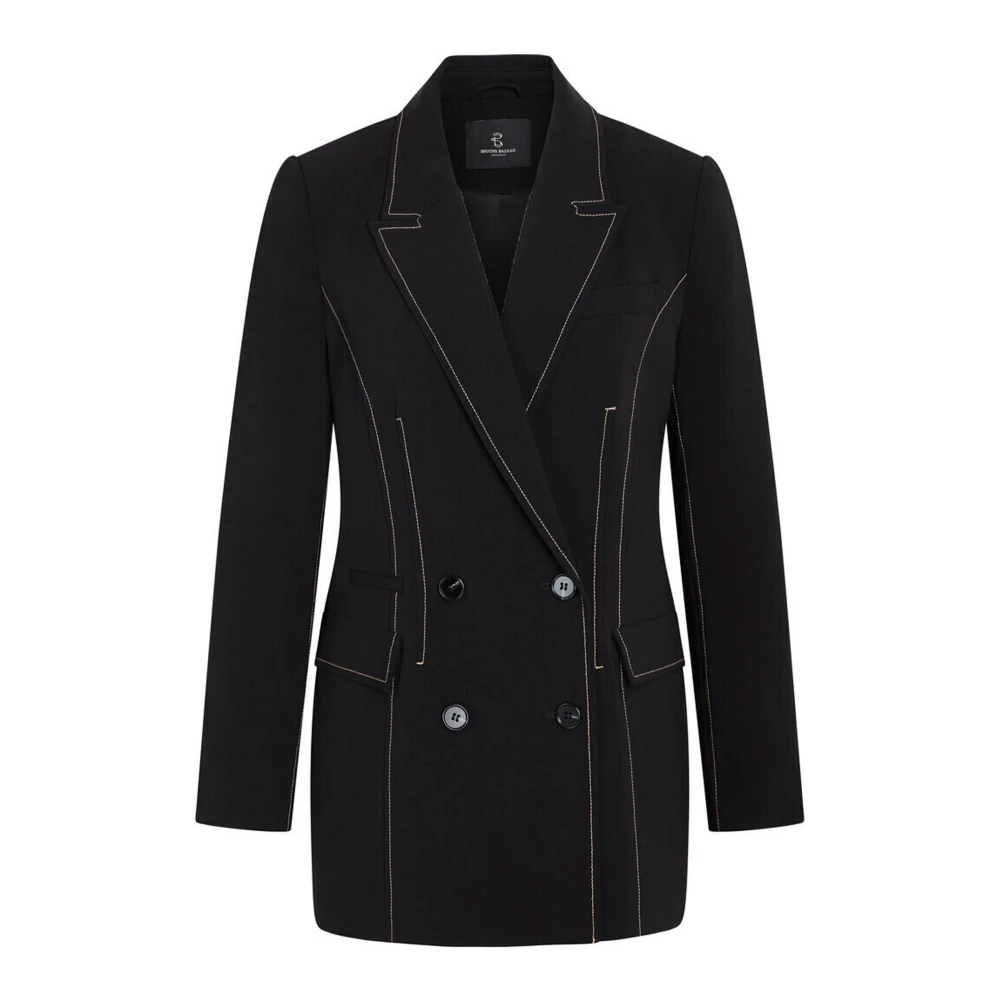Bruuns Bazaar Zwarte Blazer met Witte Stiksels Black Dames