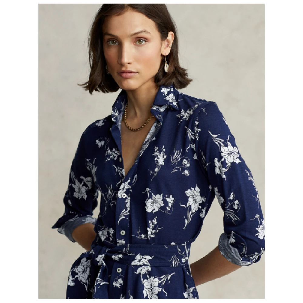 Polo Ralph Lauren Bloemenprint Oxford Katoenen Overhemdjurk Blue Dames