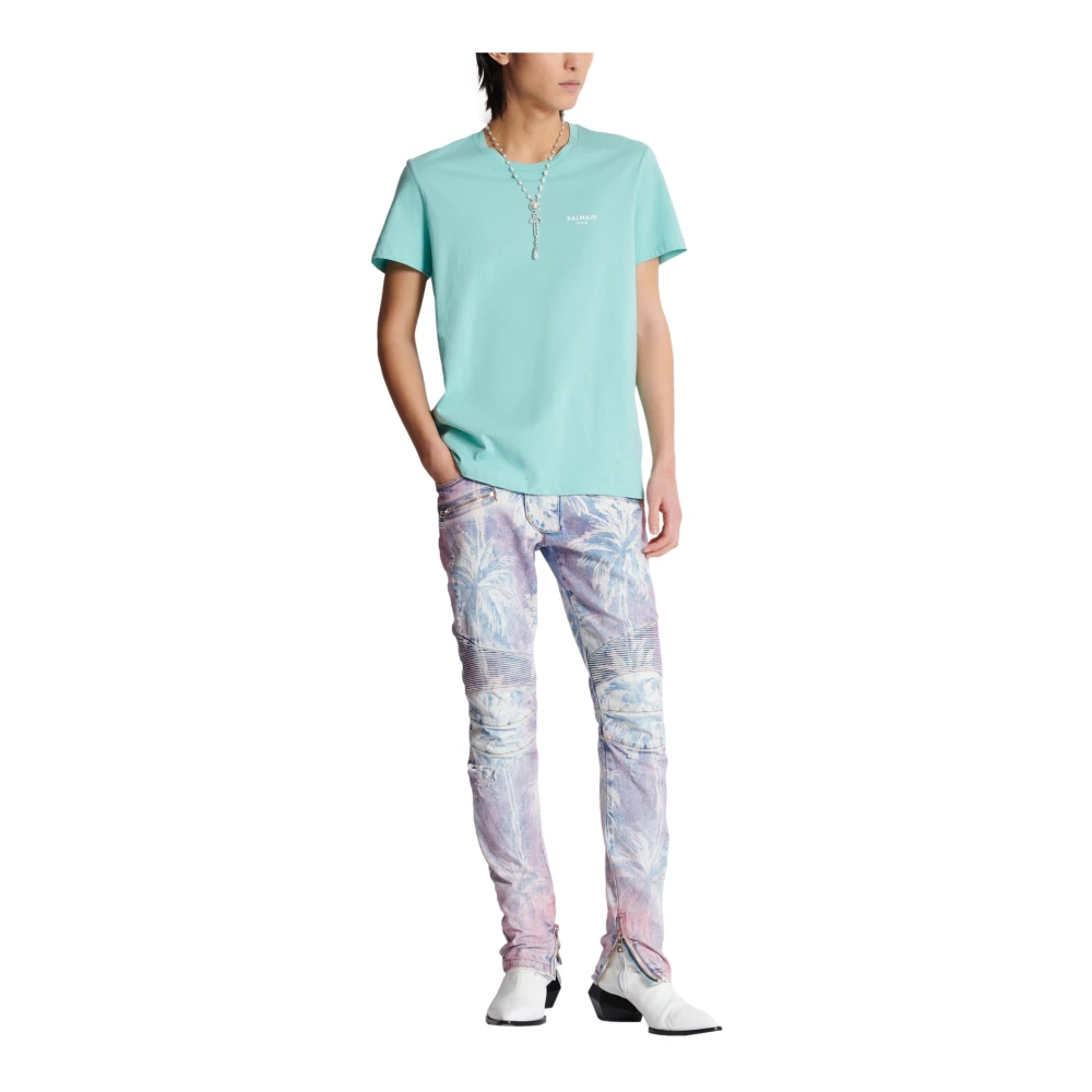 Balmain Paris gevlokt T-shirt met korte mouwen Blue Heren