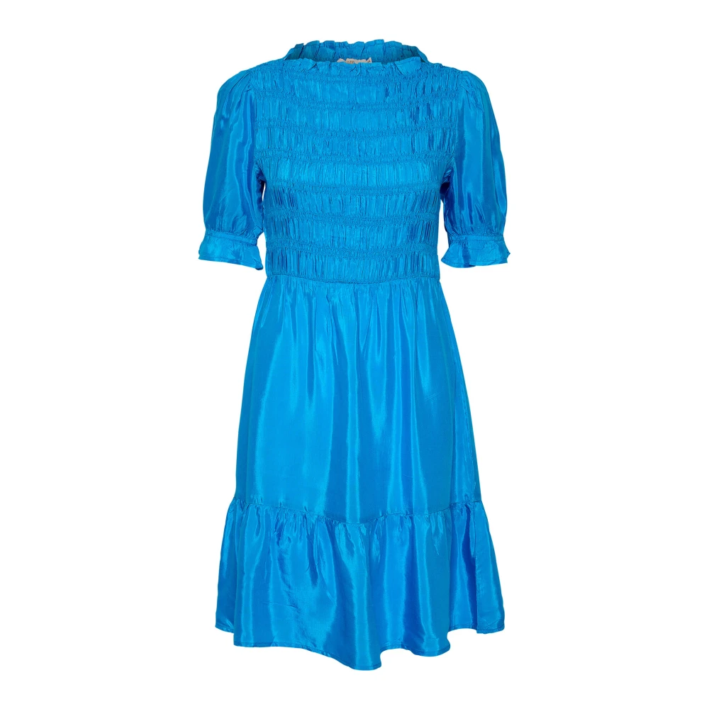 Cream Blauwe Aster Korte Jurk met Gerimpelde Details Blue Dames