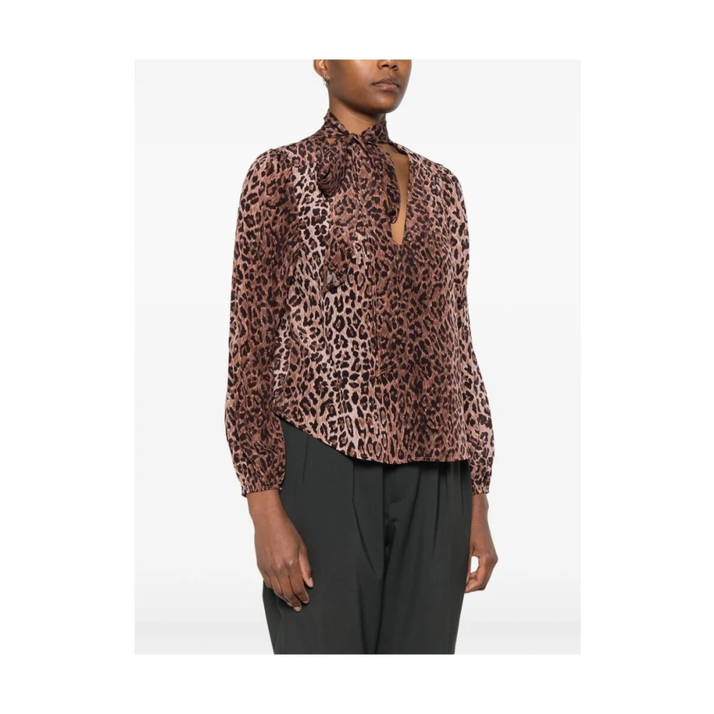 Rixo Luipaardprint Zijden V-hals Shirt Brown Dames