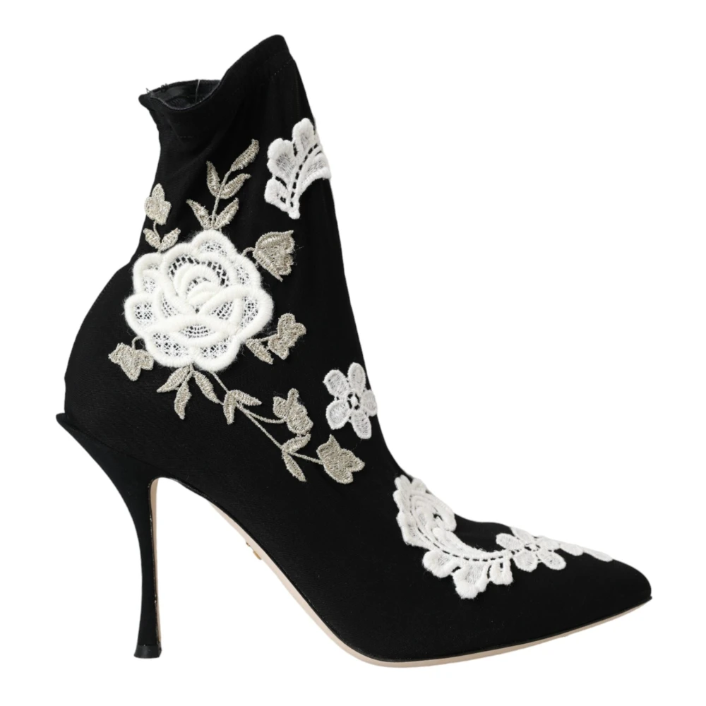 Dolce & Gabbana Black White Embroidery Slip On Boots - Female - Heeled Boots - 5 Uk - Shoes
