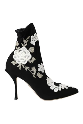 Svart Vit Broderi Slip On Stövlar
