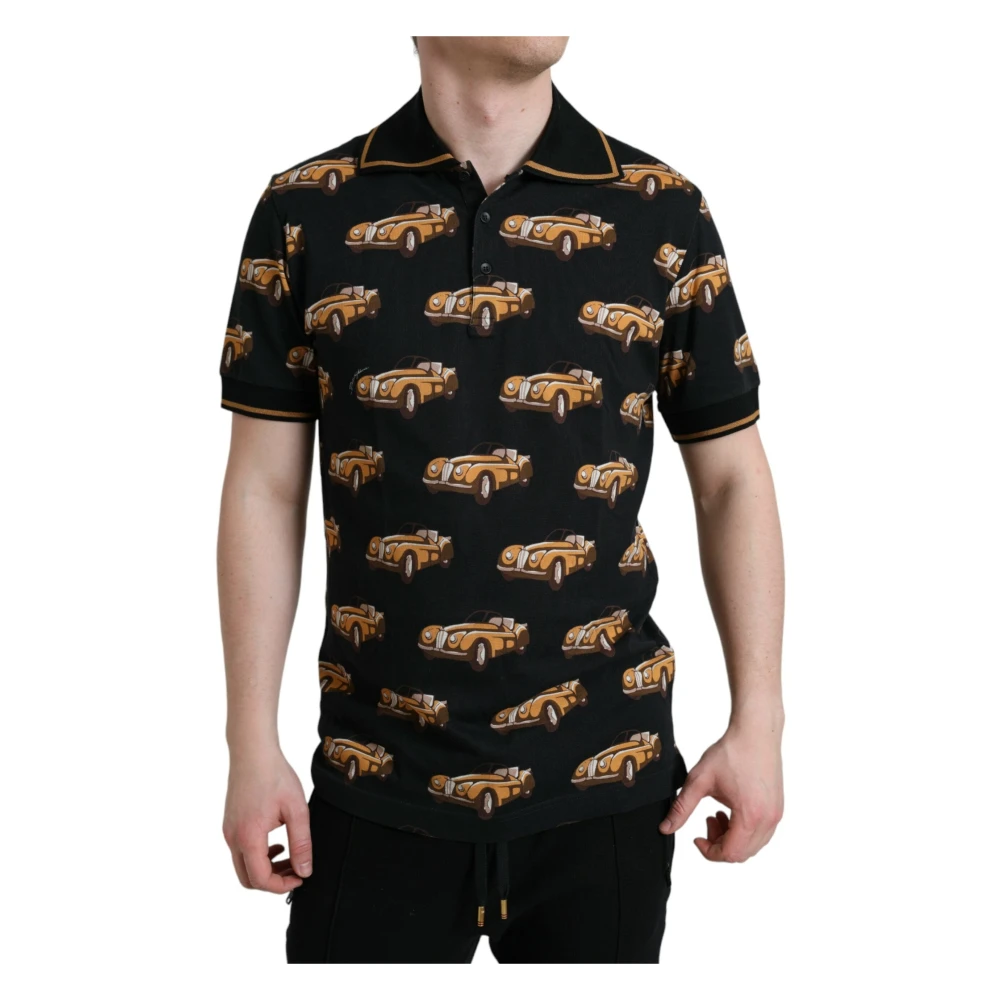 Dolce & Gabbana Black Polo Shirts, Male, Xs, Short Sleeve Polo T-Shirt With Car Print