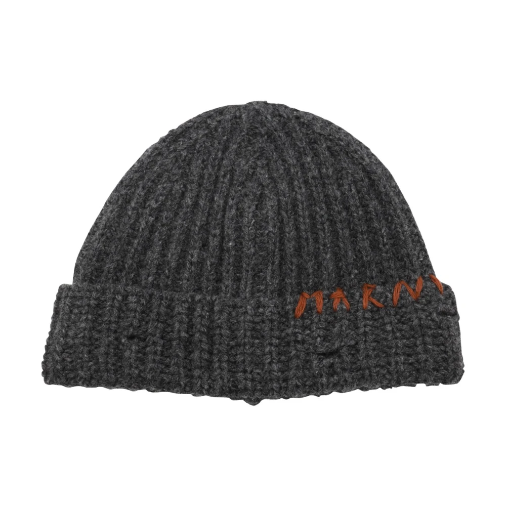 Marni Grijze Wollen Beanie Geribbelde Rand Hoed Gray Heren