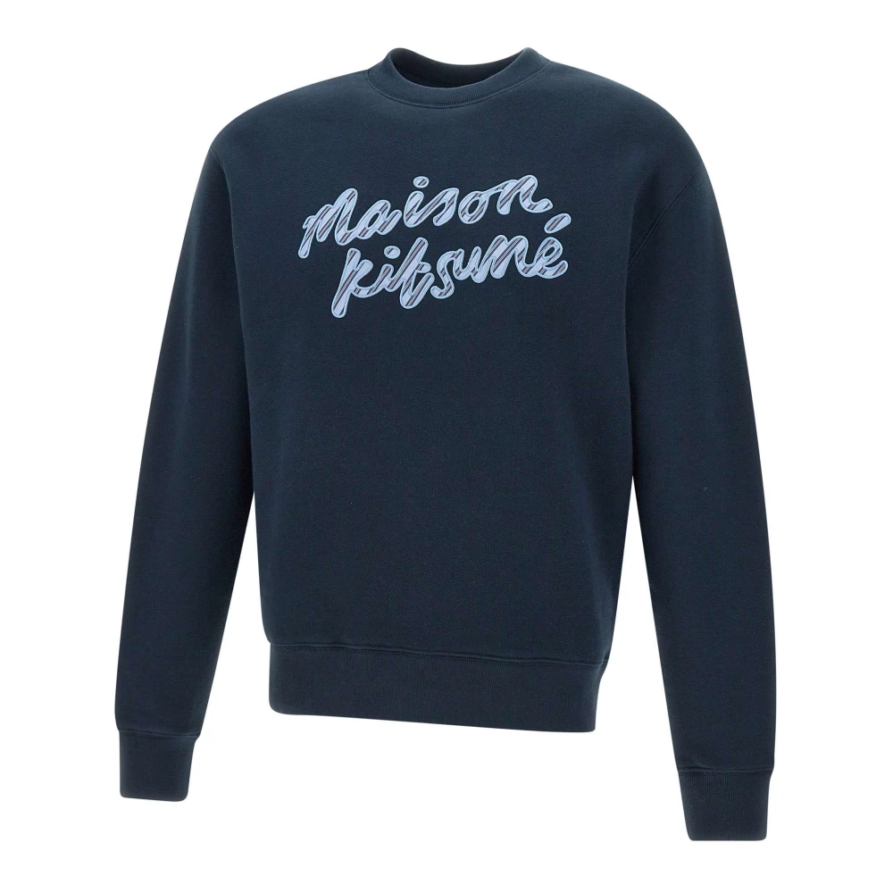 Maison Kitsuné Handwriting Sweatshirt Blauw Crew Neck Blue Heren