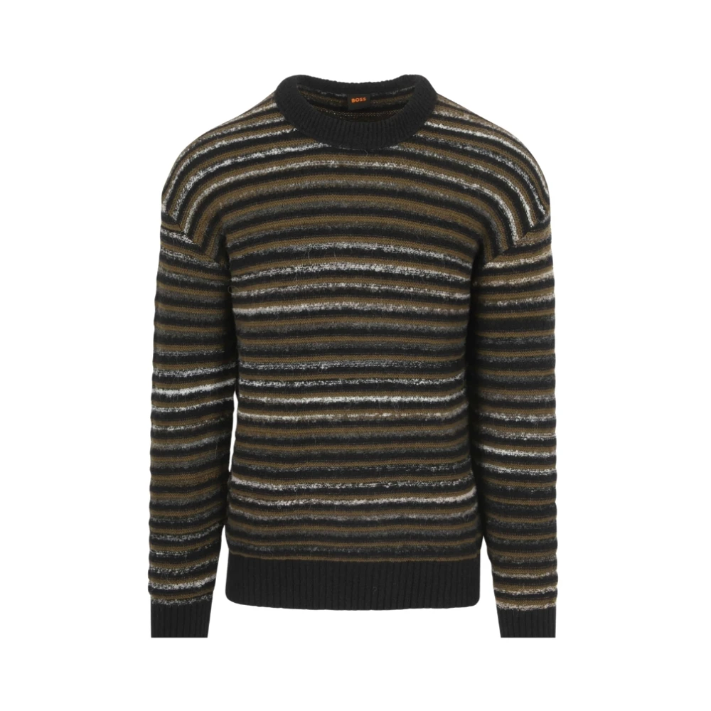 Hugo Men's Black Round-Neck Knitwear, Xl, Striped Crew Neck Jumper