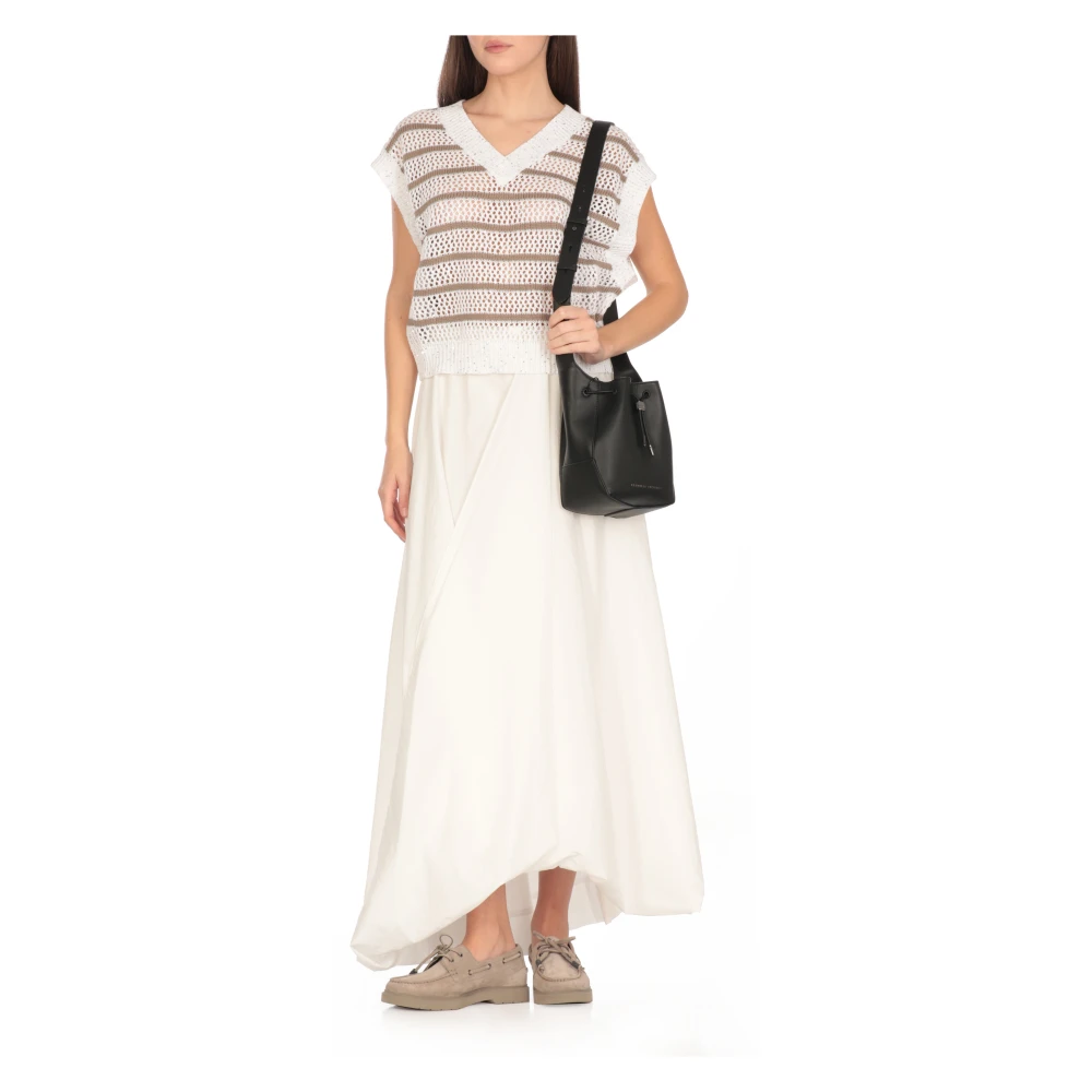 BRUNELLO CUCINELLI Paillet V-Hals Linnen Trui Ivoor Beige Dames
