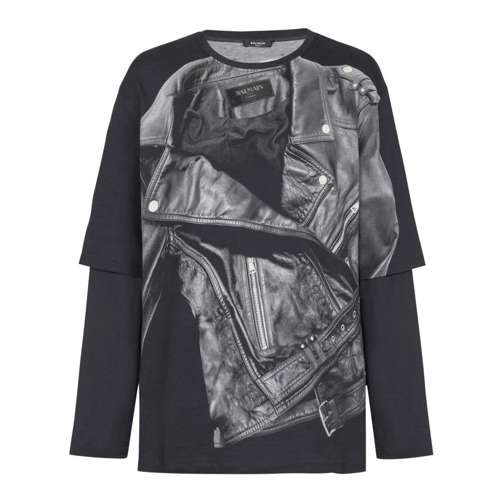 Balmain Lange mouwen T-shirt met bikerjack print Black Heren