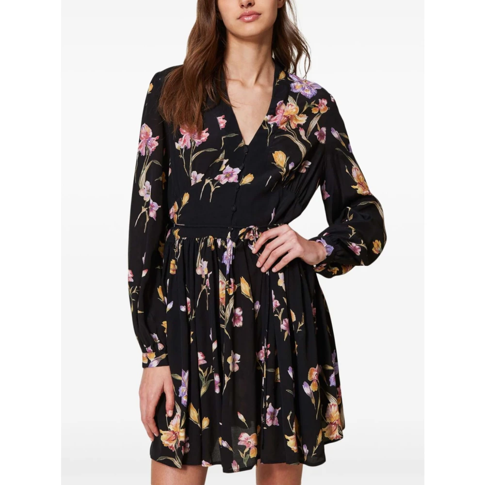 Twinset Zwarte V-hals Wijd Uitlopende Rok Jurk Black Dames