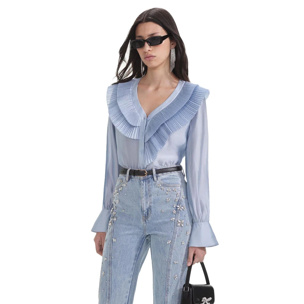 Self Portrait Satin Organza Blouse met Ruchedetail Blue Dames