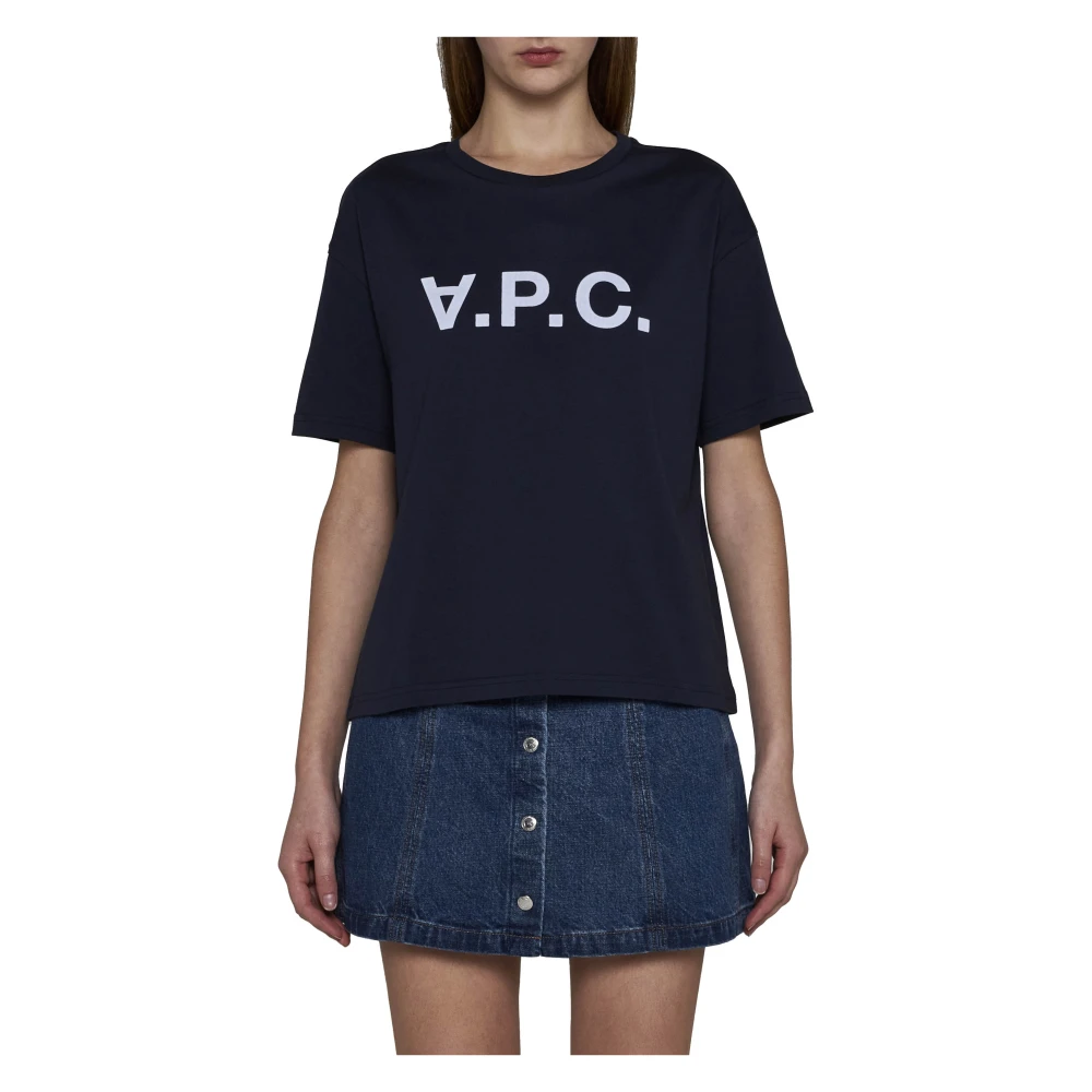 A.p.c. Blauw Jersey Crew Neck Logo T-shirt Blue Dames