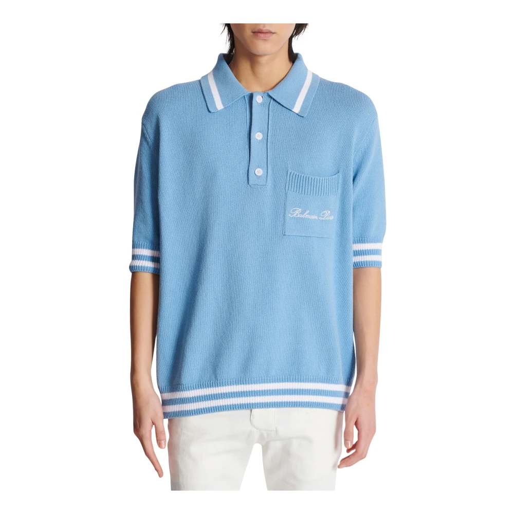 Balmain Wollen poloshirt met handtekeningborduurwerk Blue Heren