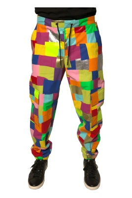 Multifärgad Patchwork Cargo Byxor med Dragsko