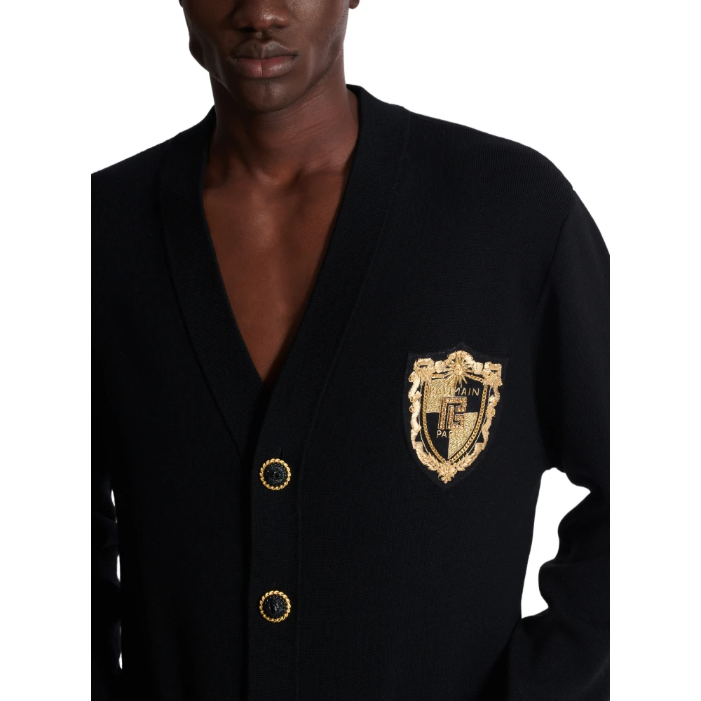 Balmain Gebreid vest met geborduurd embleem Black Heren