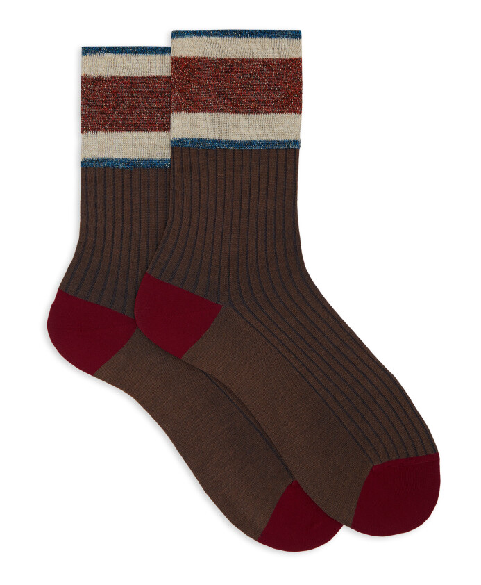 chaussettes-courtes-en-coton-marron-uni-pour-femmes-a-cotes-avec-bordure-a-paillettes