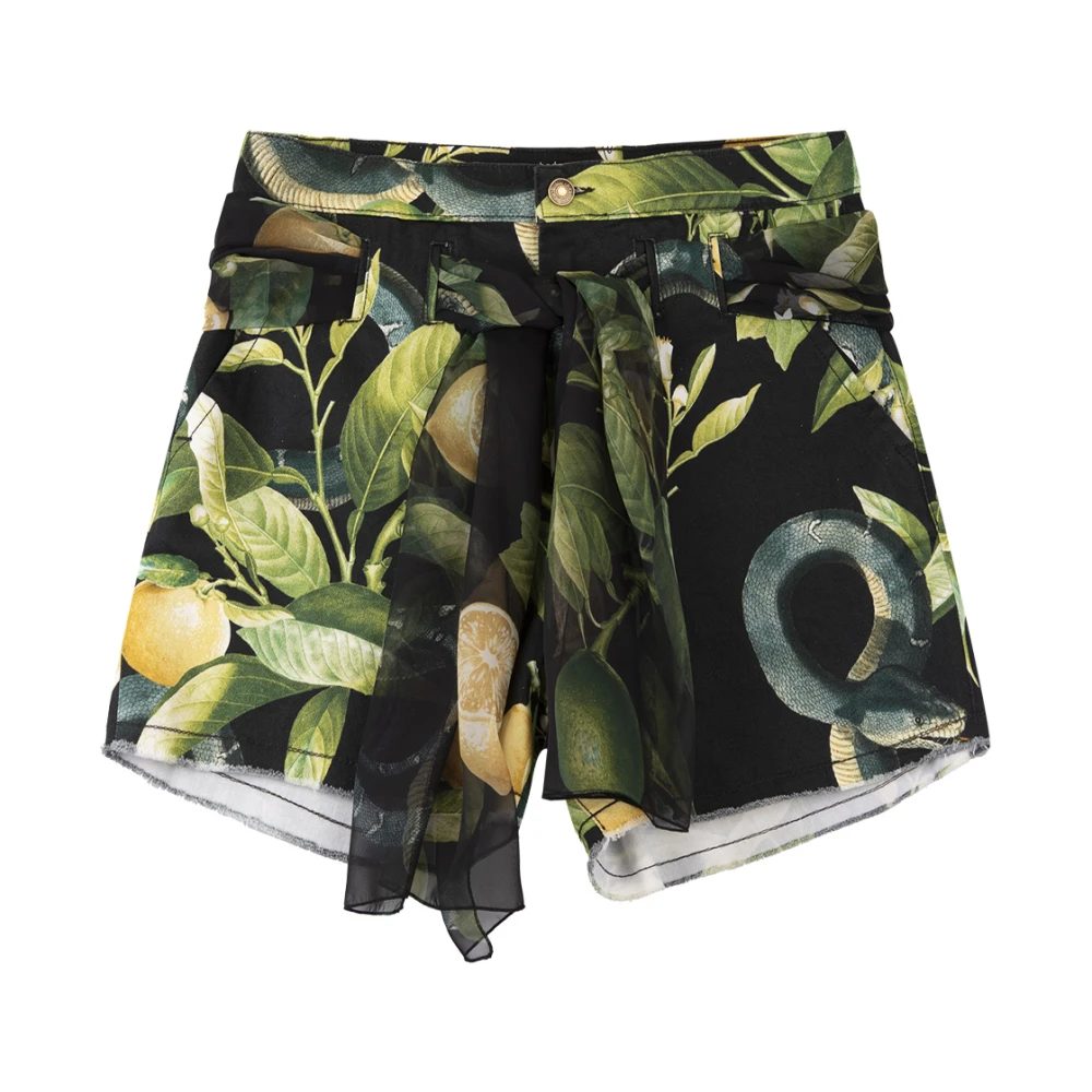 Roberto Cavalli Zwarte shorts met citroenprint en strikceintuur Black Dames