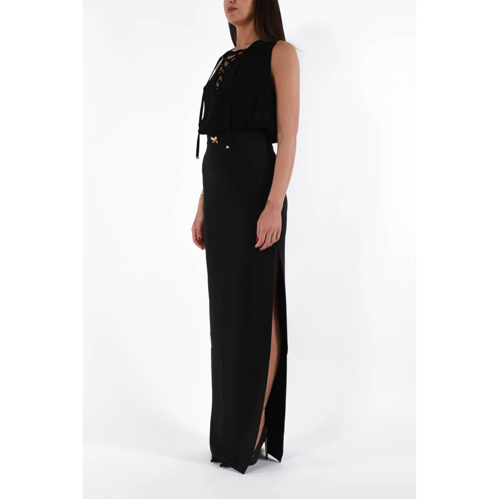 Elisabetta Franchi Lange Crêpe Jurk met Georgette Veters Black Dames