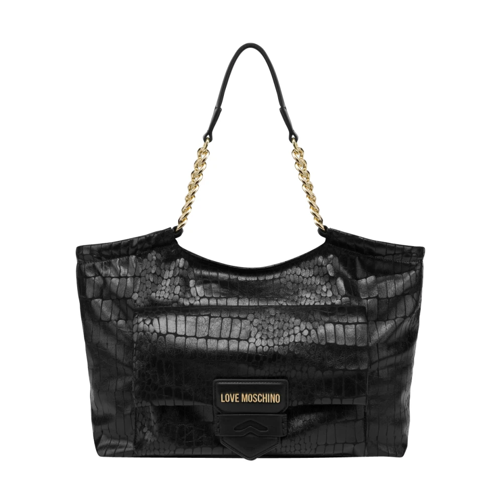 Love Moschino Zwarte Croco Shopper Tas met Gouden Logo Black Dames