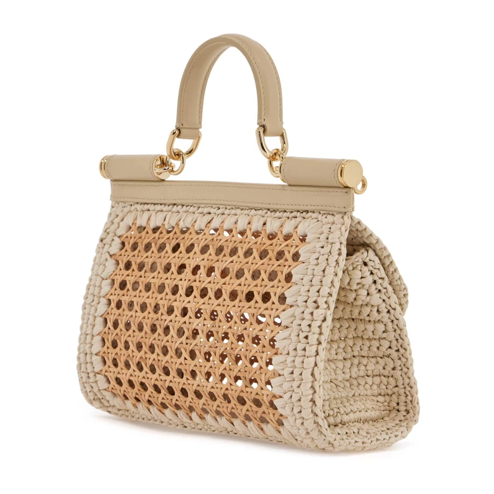 Dolce & Gabbana Langwerpige Vienna Straw Handtas met Vergulde Plaat Beige Dames