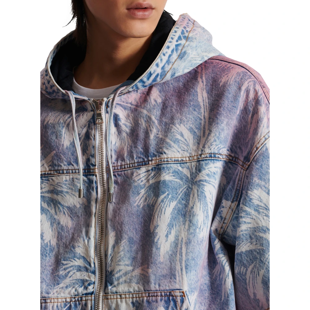 Balmain Denim Hooded Bomber Jacket met Palmboomprint Multicolor Heren