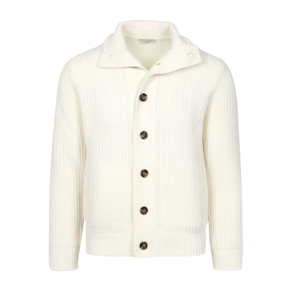 Paolo Pecora Mannelijk Beige Truien & Vesten Heren, S, Wol, Geribbelde Cardigan Met Hoge Kraag