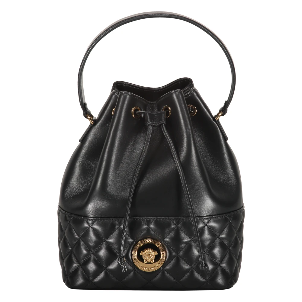 Versace Leren Bucket Bag met Trekkoordsluiting Black Dames