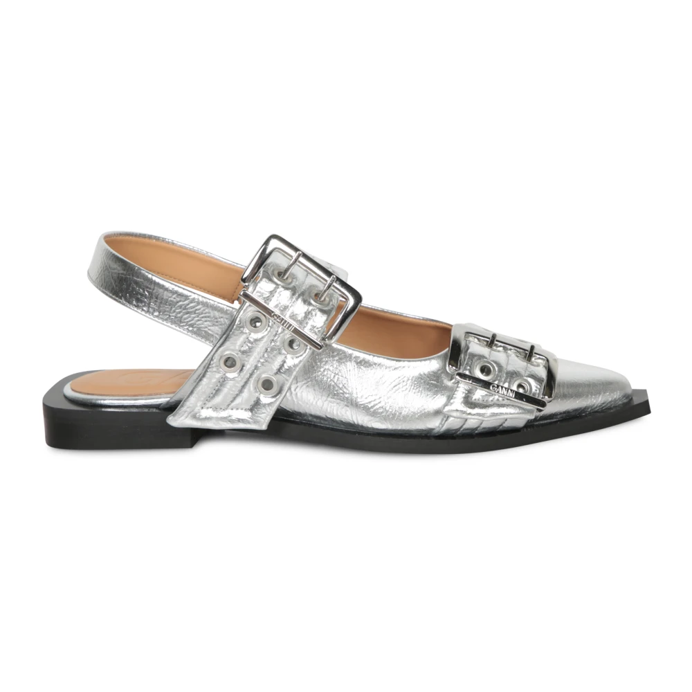Ganni Women's Gray Ballerina Shoes, 7 Uk, Metallic Sandals For