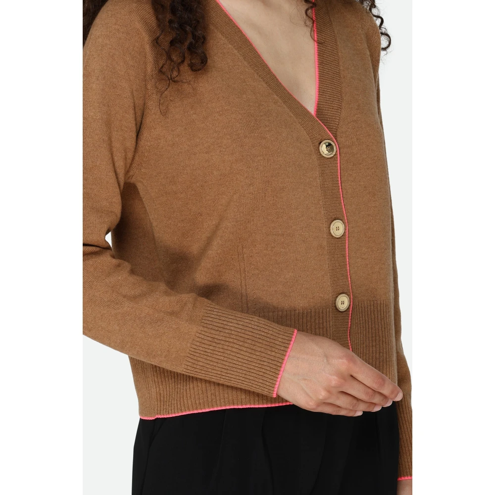 pinko Bruine V-hals Cardigan met Fuchsia Rand Brown Dames